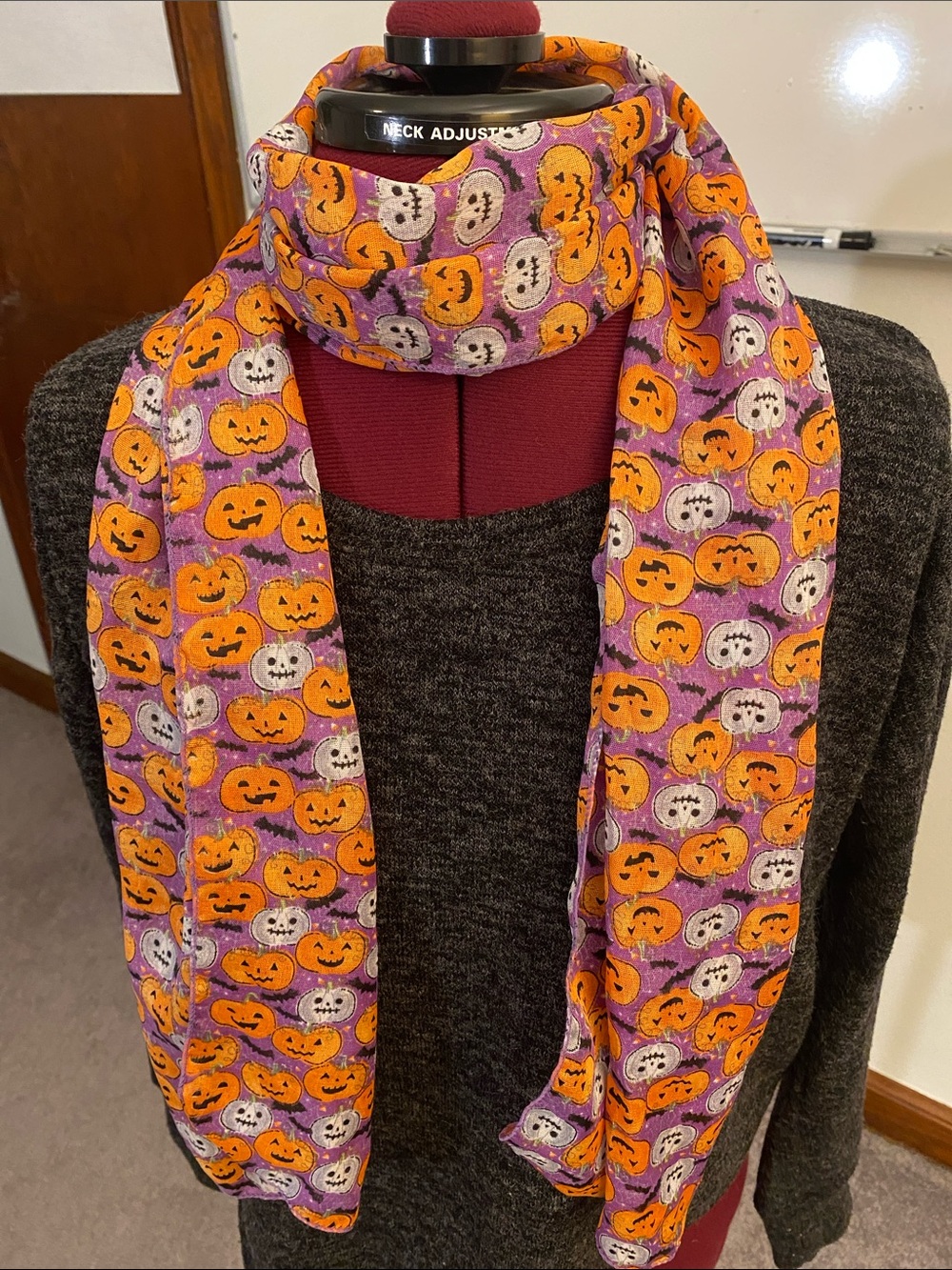 Halloween Pumpkin & Bat Print Scarf in Orange & Purple